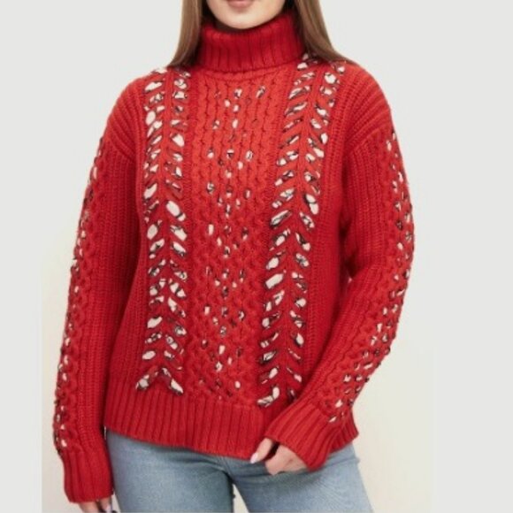 Jason WU Interlocked Wool Red Knit Pullover Sweater Size M